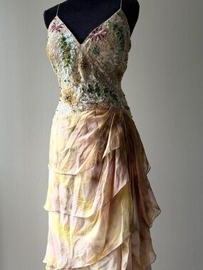 Embroidered Lace Bodice Maxi Dress in Pale Yellow & Blush